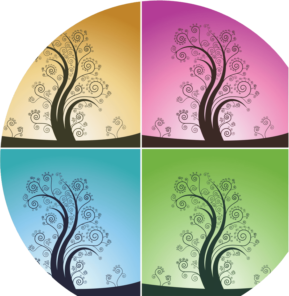 A circle with four quadrants, each a different color with the same drawing of a tree in each quadrant