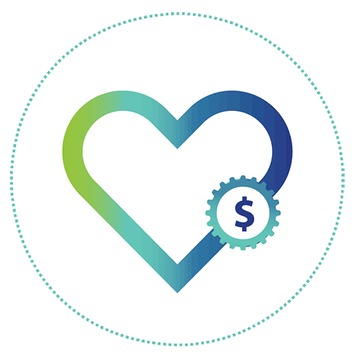Fundraising Consulting icon of a heart with a gear and dollar sign in it